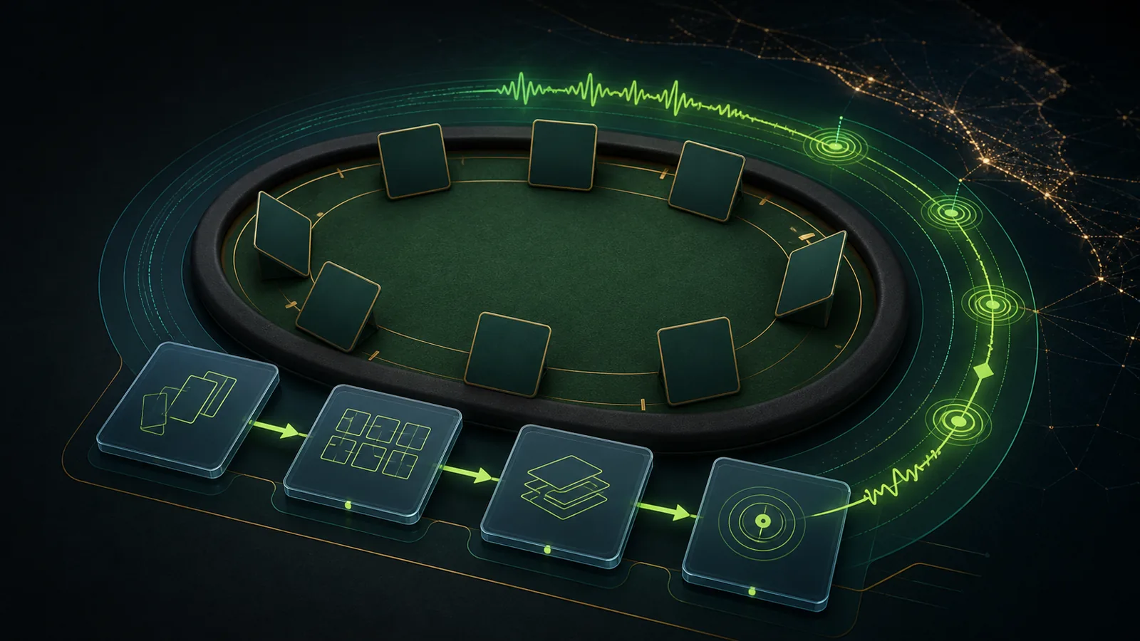 Cartas e transmissão ao vivo representadas em uma mesa conceitual win222